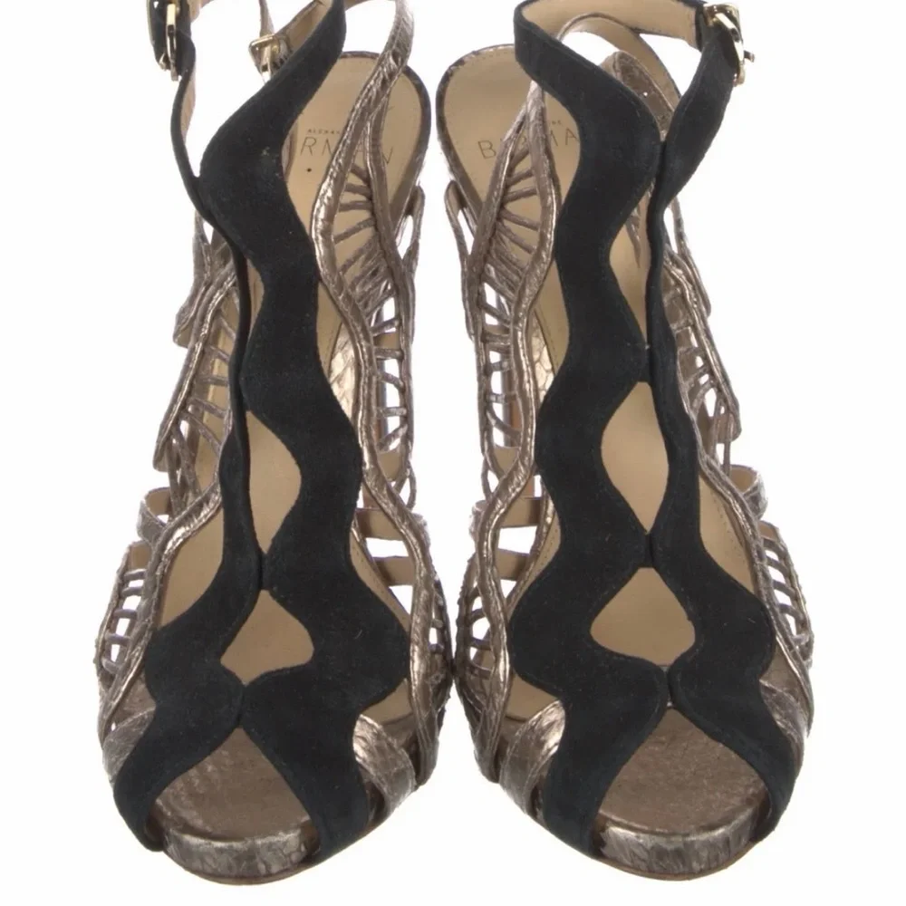 Alexandre Birman Metallic Gold Cutout High Heel Sandals with Black Trim Sz 37